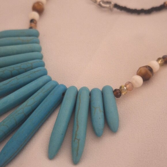 Artisan Beaded Bohemian Turquoise Spikes Shell Crystal Necklace - Picture 2 of 5